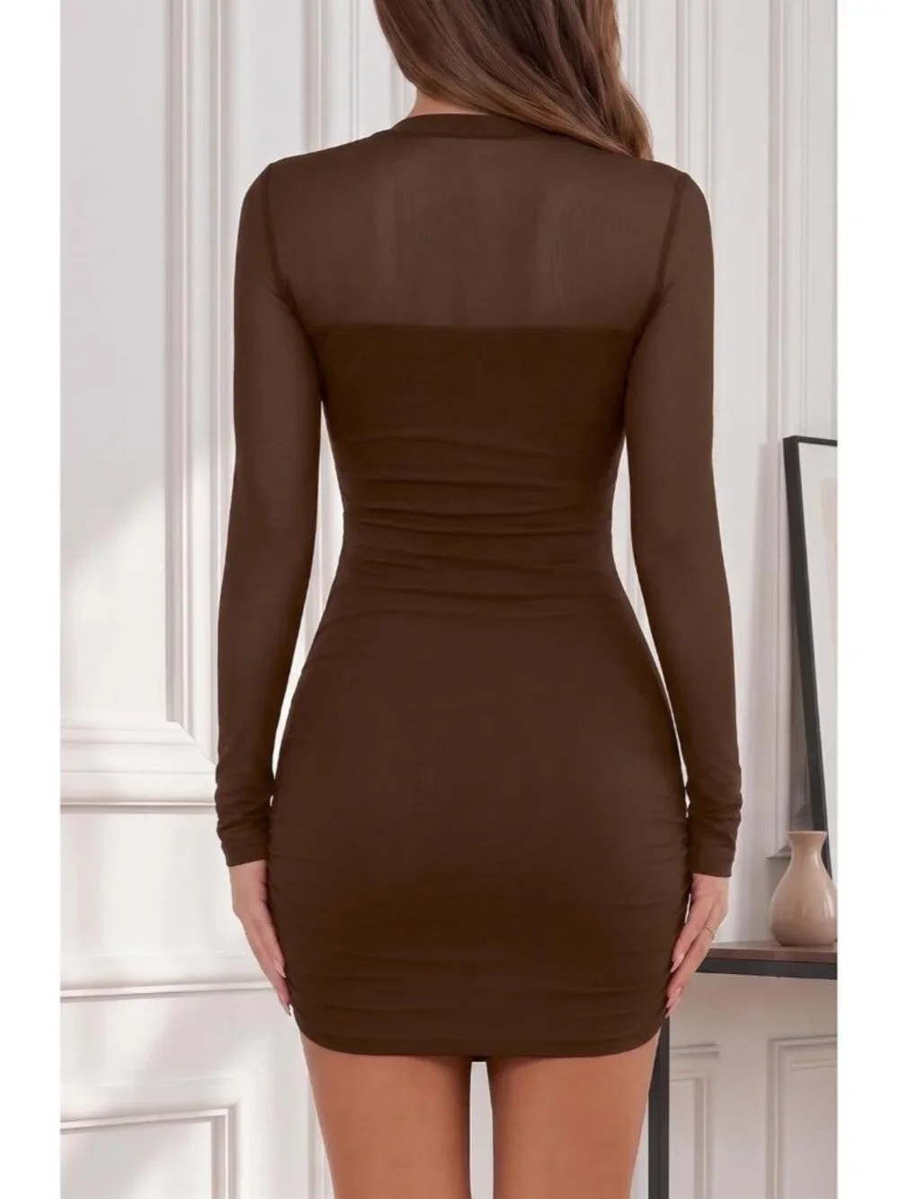 👗 Women's Brown Mesh Sheer Long Sleeves Dress Ruched Bodycon Mock Neck Dress